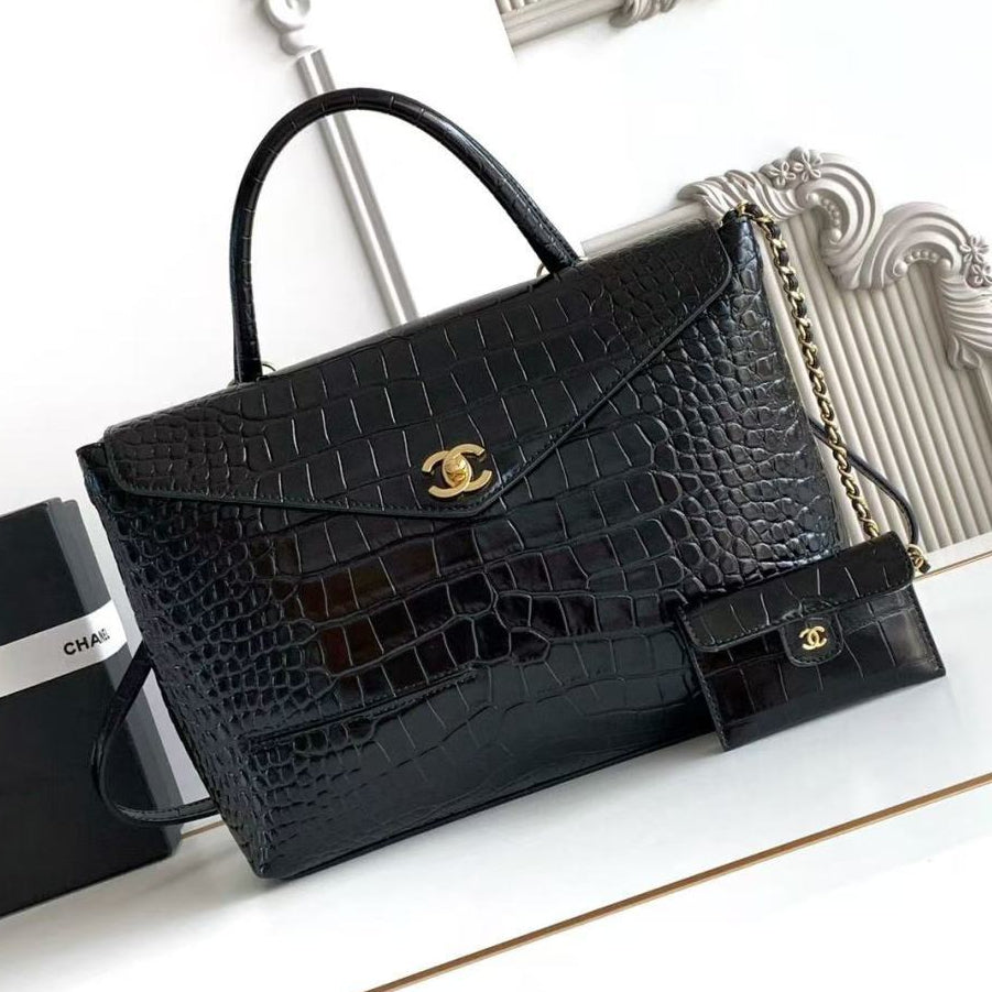 Chanel 2026 Maxi Top Handle Bag 31cm Black Crocodile Embossed Leather