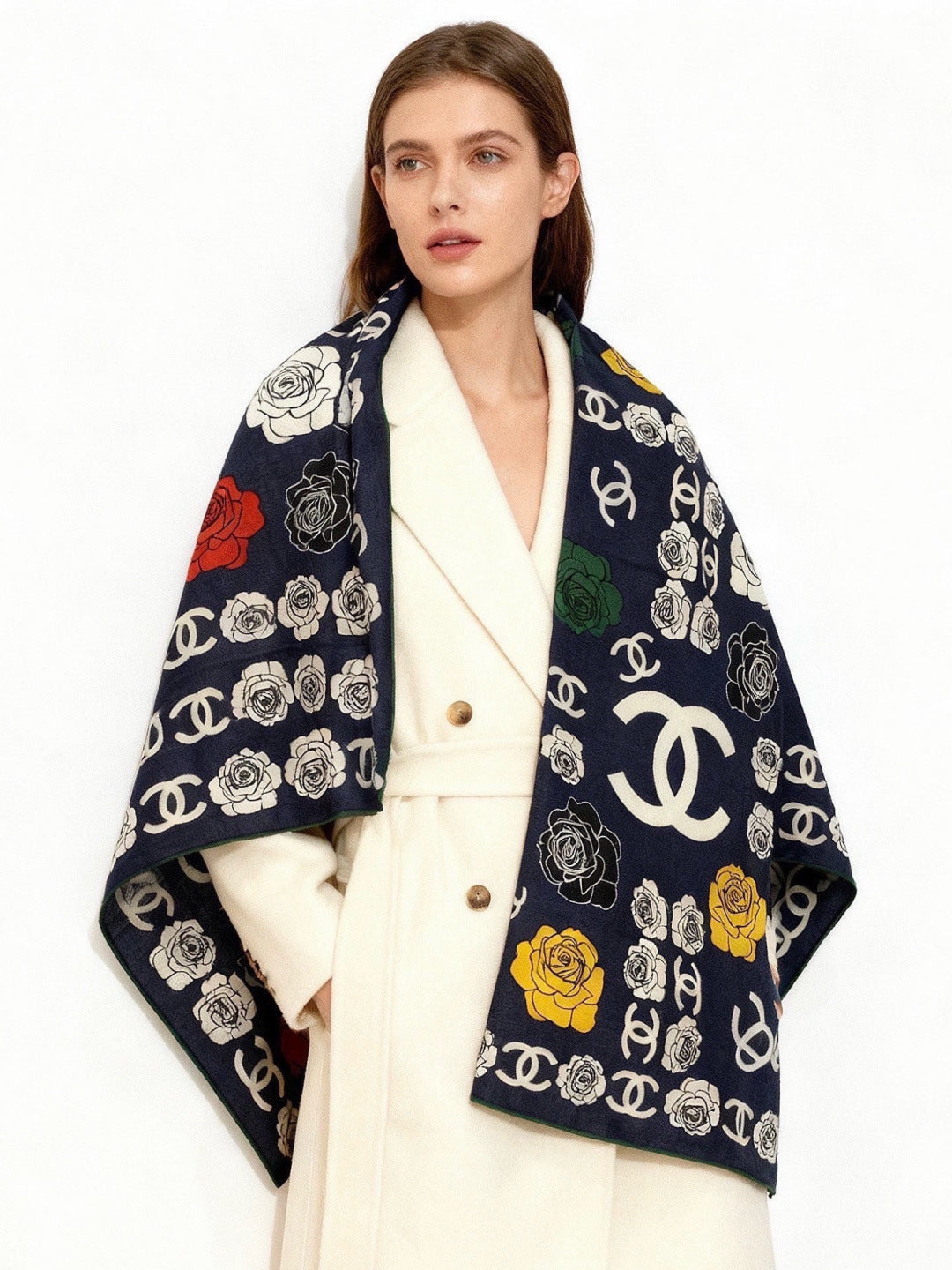 Chanel 2026 Camellia Pattern Scarf 140cm Colorful Cashmere 209427