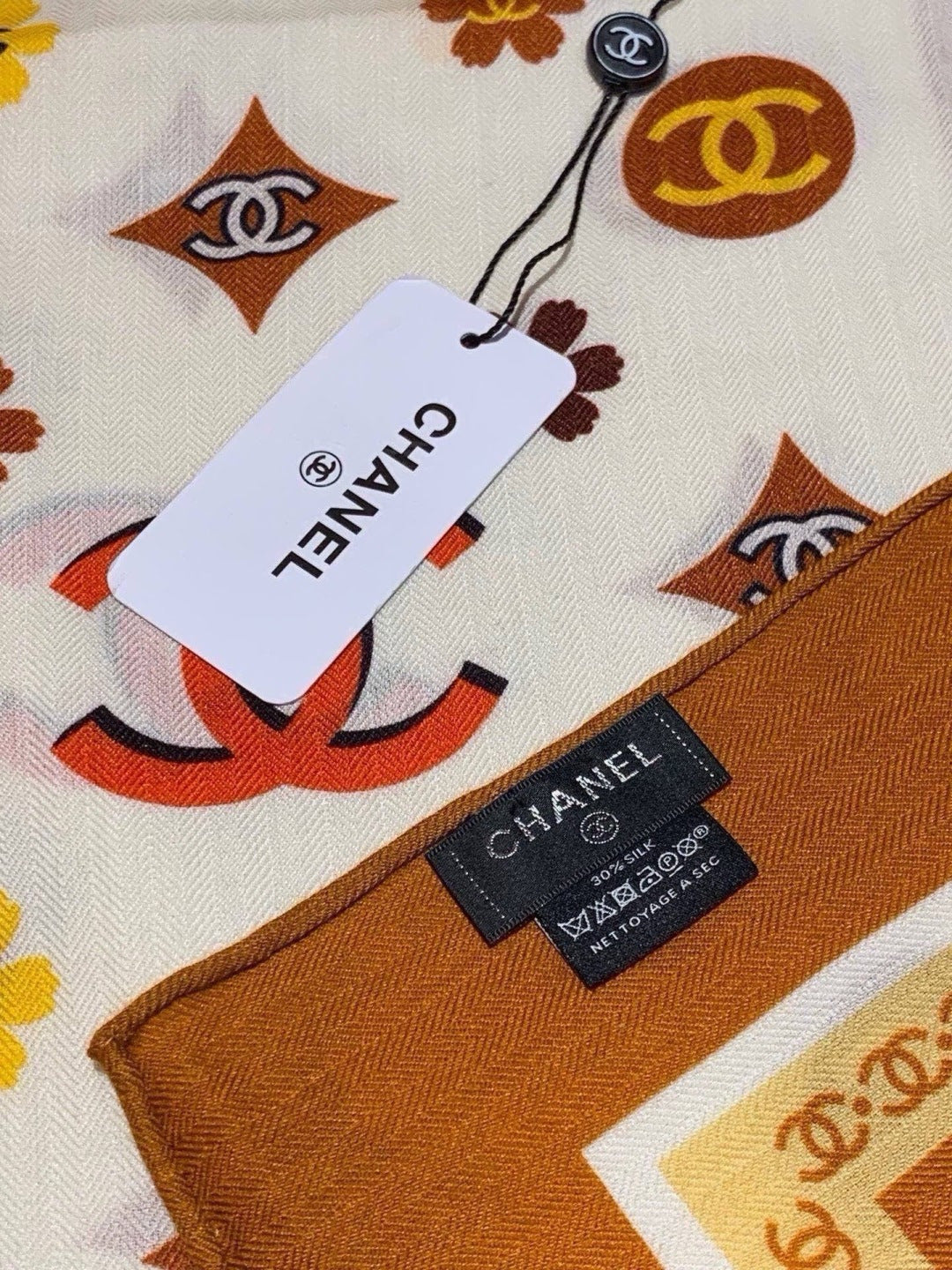 Chanel 2026 Floral Motifs Scarf 140cm Brown White Silk 213755