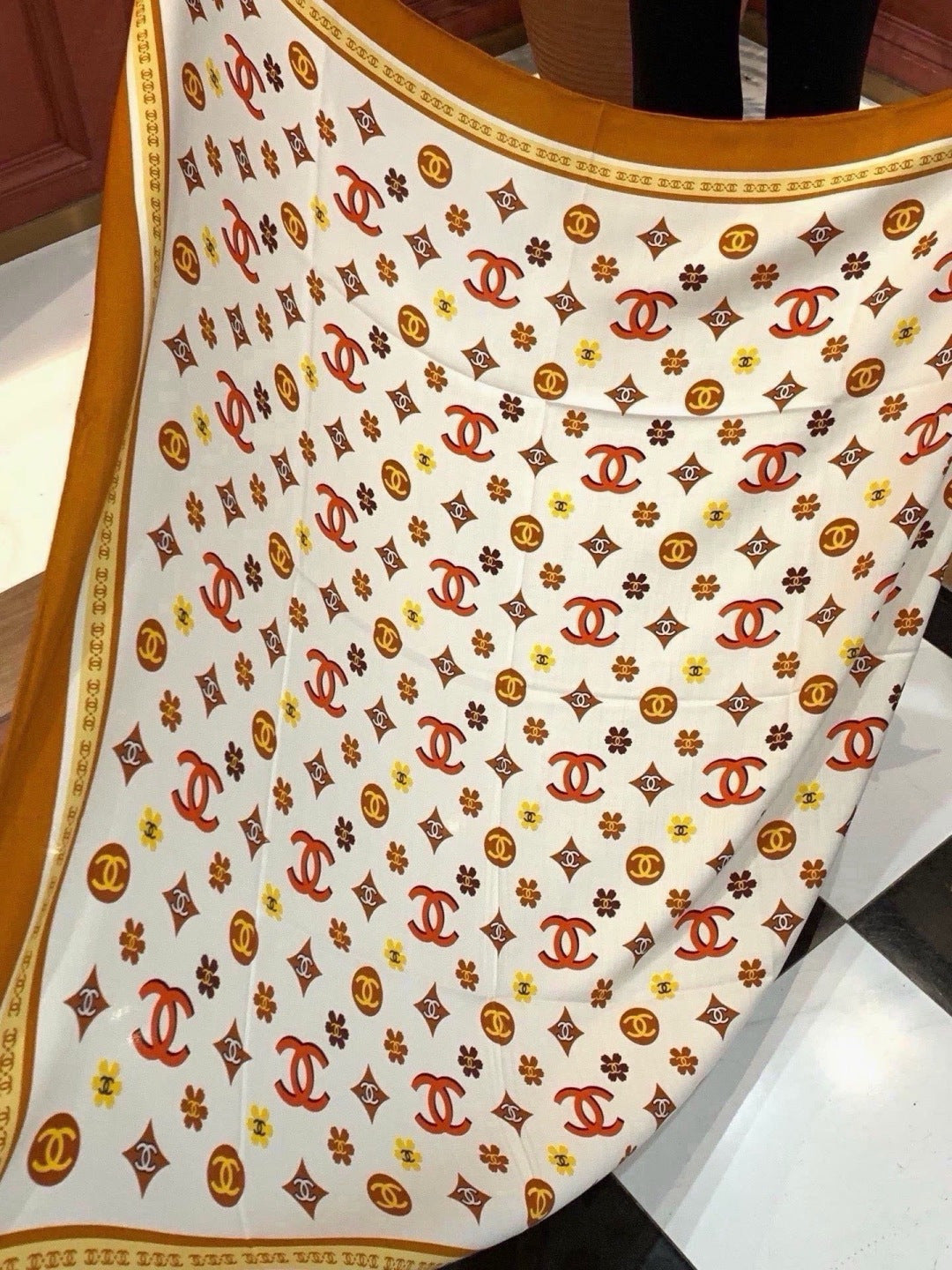 Chanel 2026 Floral Motifs Scarf 140cm Brown White Silk 213755