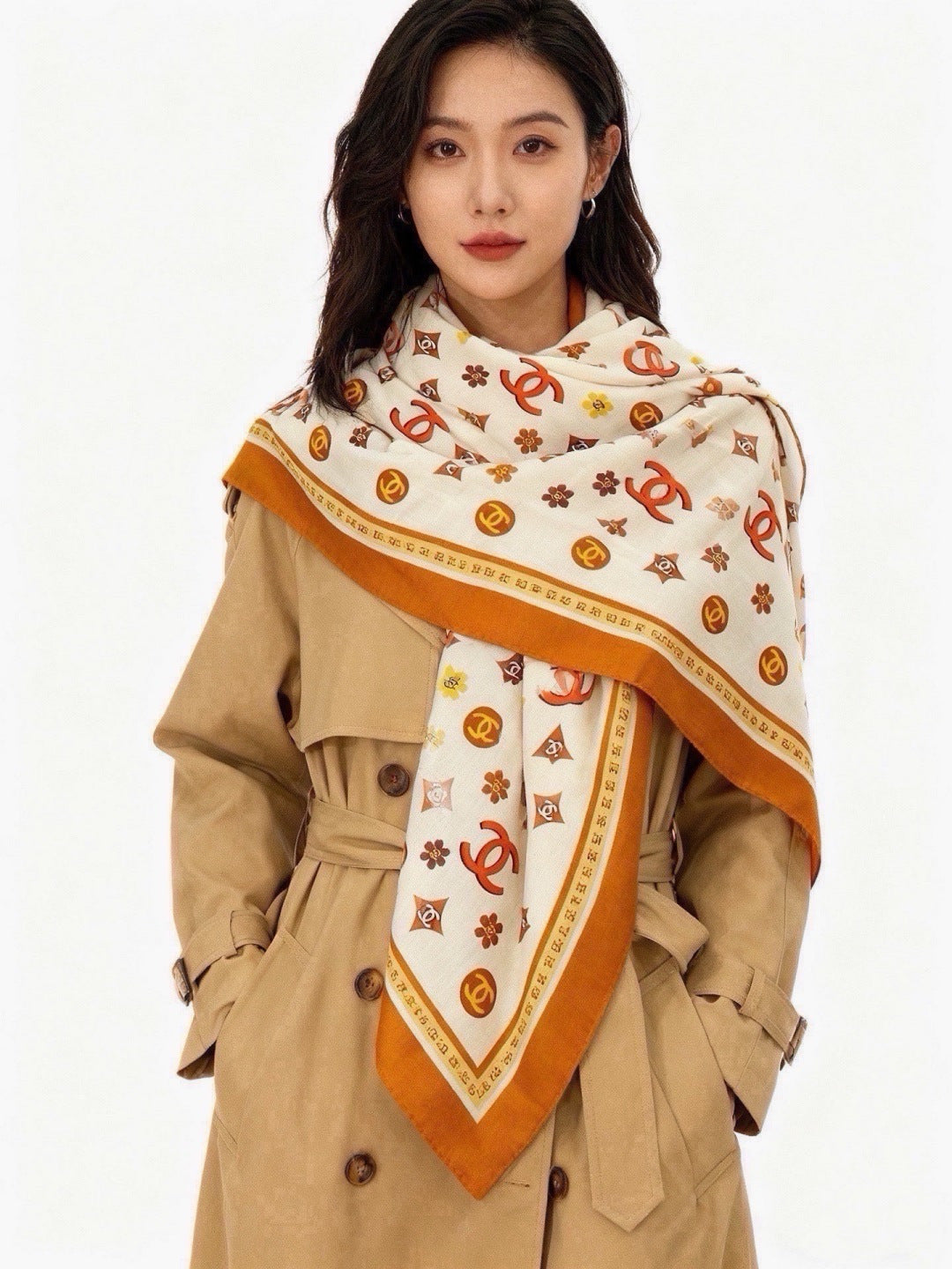 Chanel 2026 Floral Motifs Scarf 140cm Brown White Silk 213755
