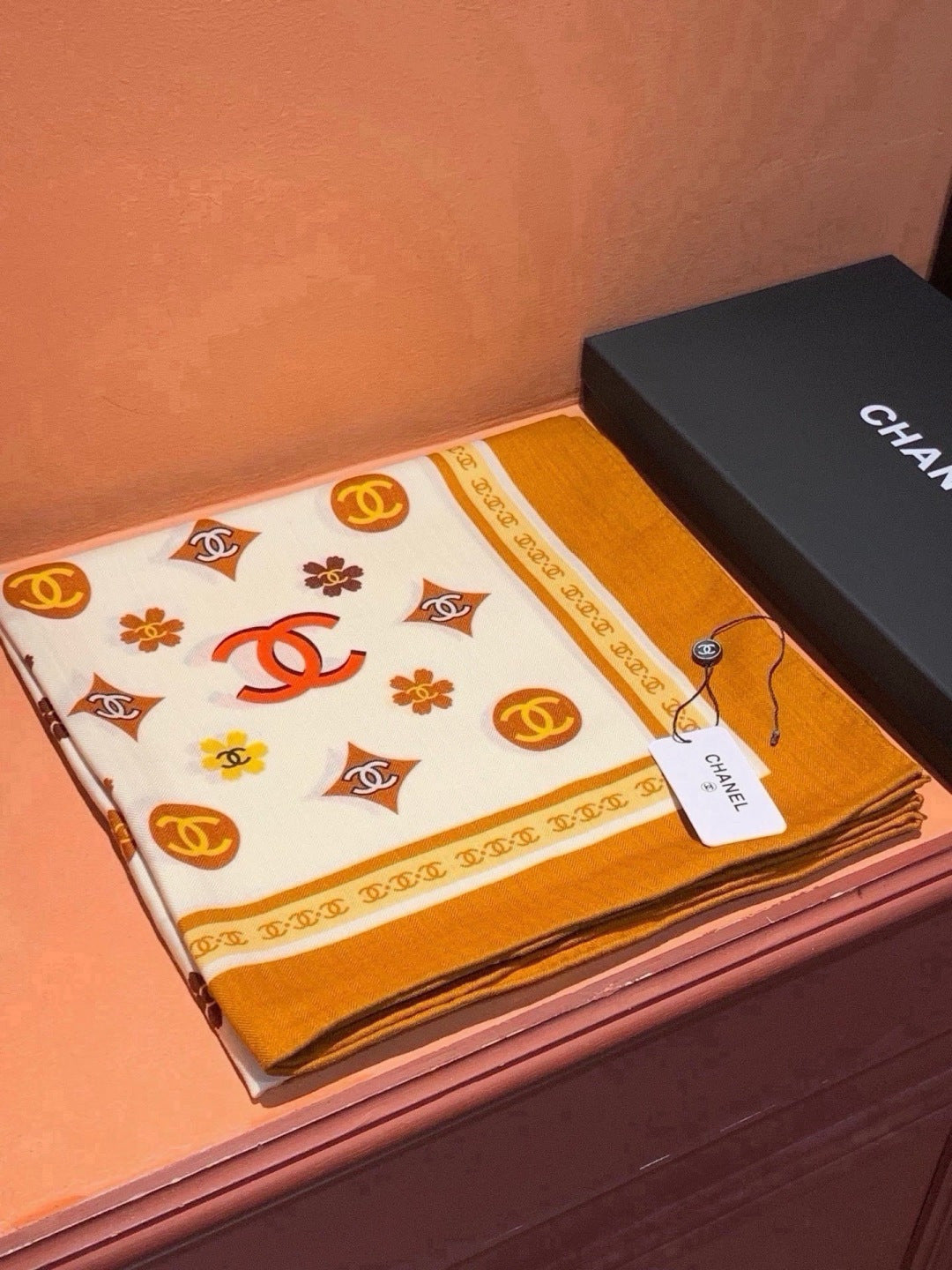 Chanel 2026 Floral Motifs Scarf 140cm Brown White Silk 213755