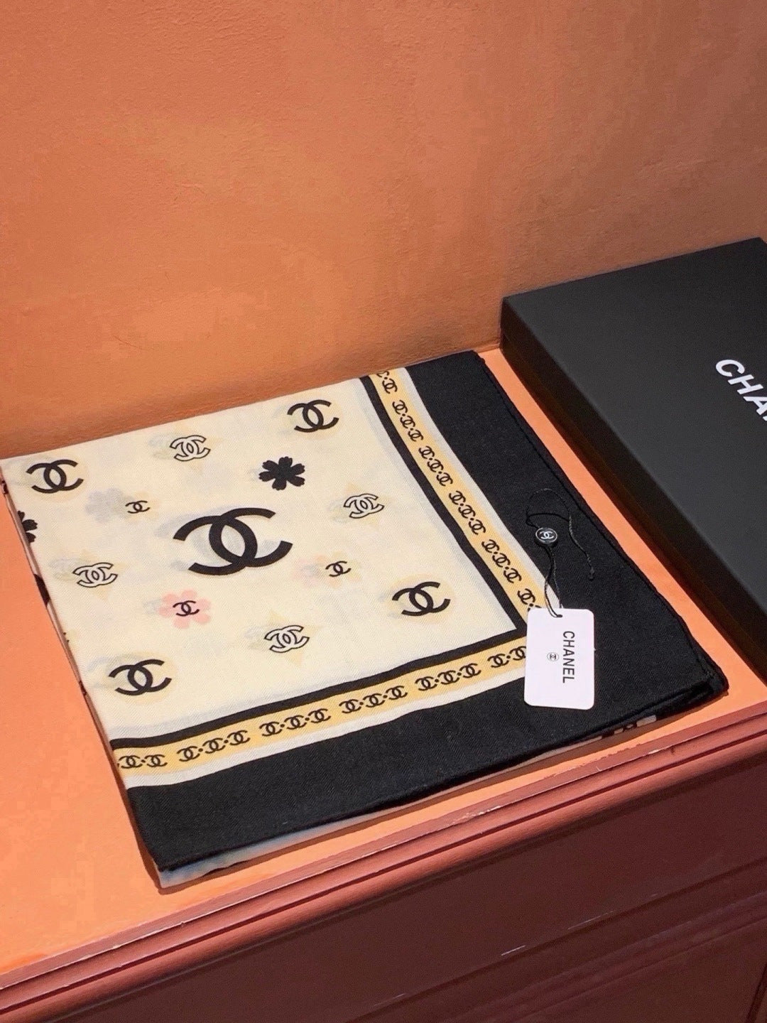 Chanel 2026 Floral Motifs Scarf 140cm Black White Silk 213754