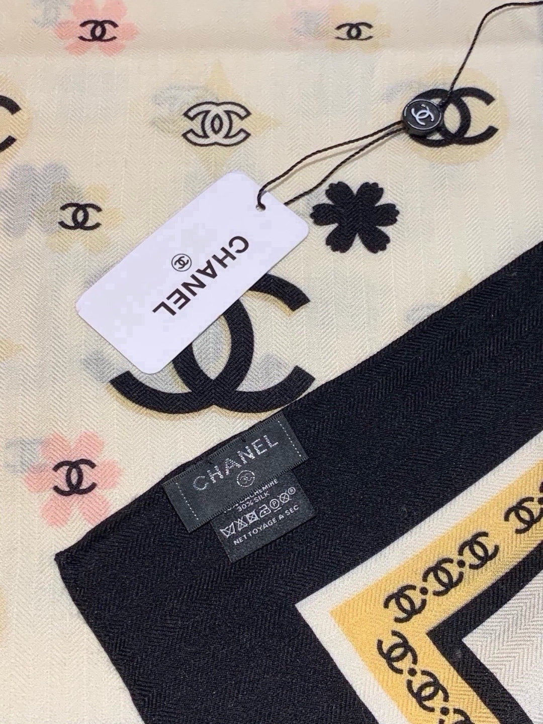 Chanel 2026 Floral Motifs Scarf 140cm Black White Silk 213754
