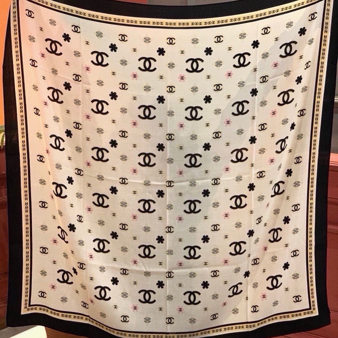 Chanel 2026 Floral Motifs Scarf 140cm Black White Silk 213754