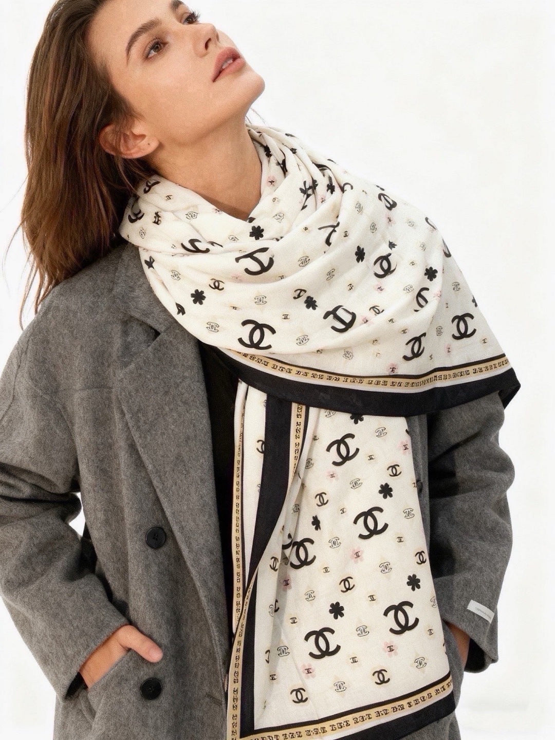 Chanel 2026 Floral Motifs Scarf 140cm Black White Silk 213754