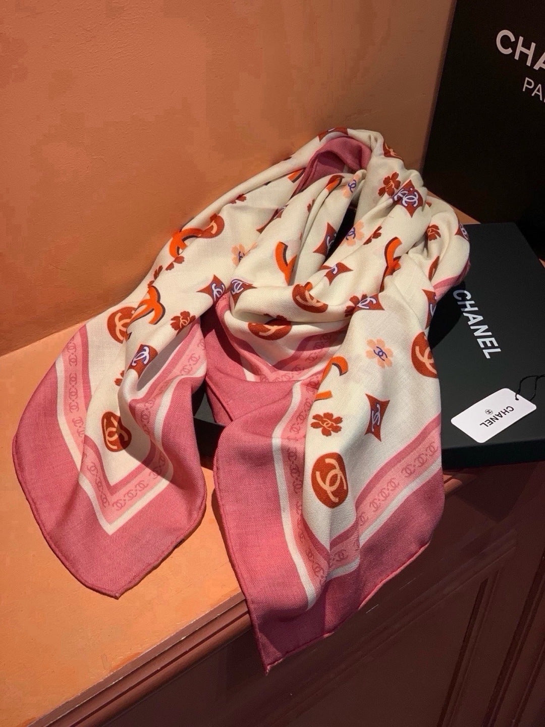 Chanel 2026 Floral Motifs Scarf 140cm Pink White Silk 213761