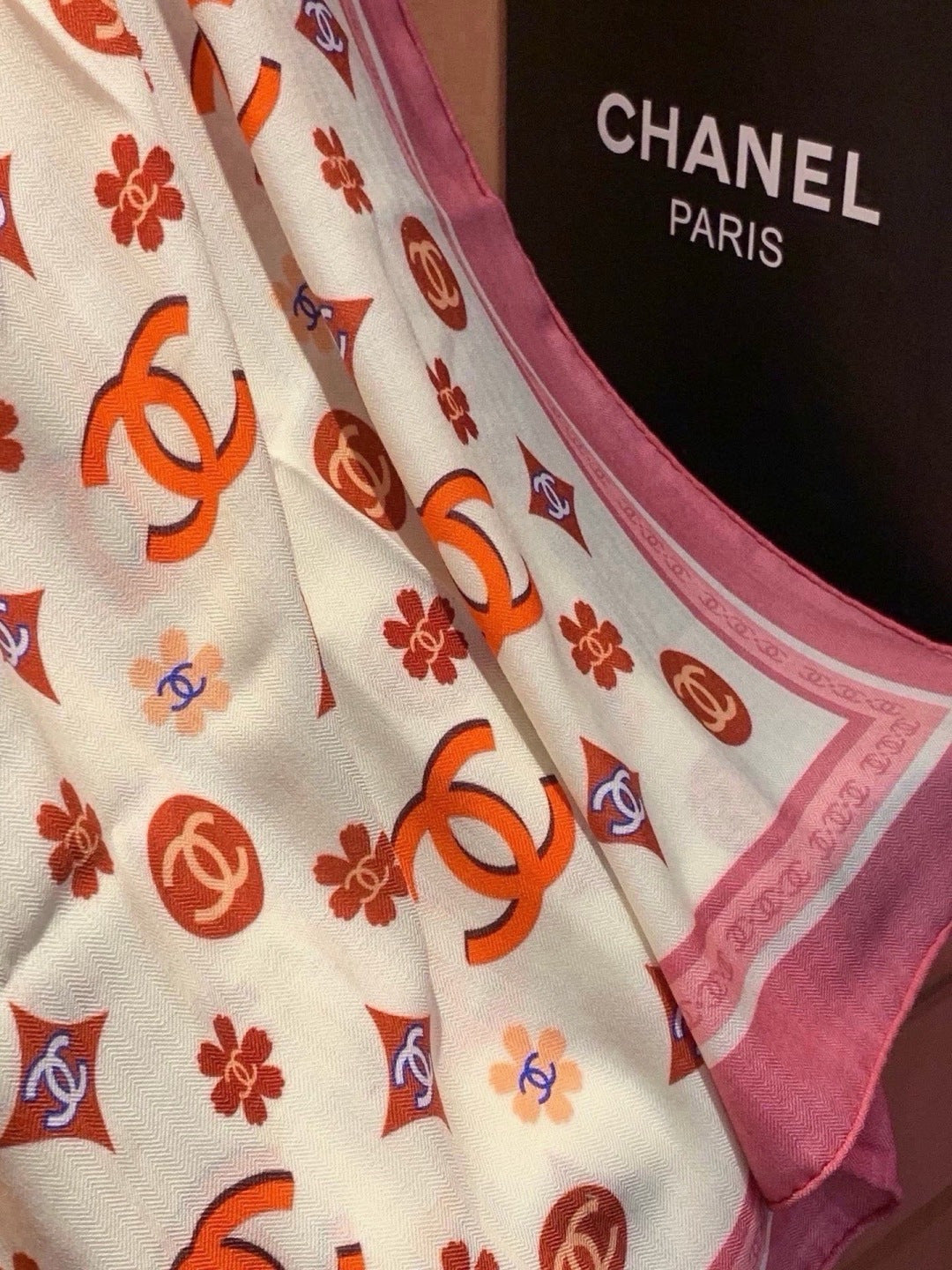 Chanel 2026 Floral Motifs Scarf 140cm Pink White Silk 213761