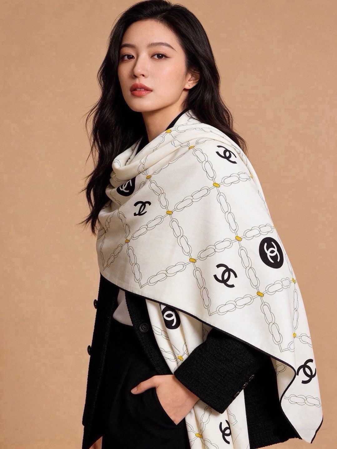 Chanel 2026 Crisscrossed Chain Pattern Scarf 135cm Silk And Cashmere 213763