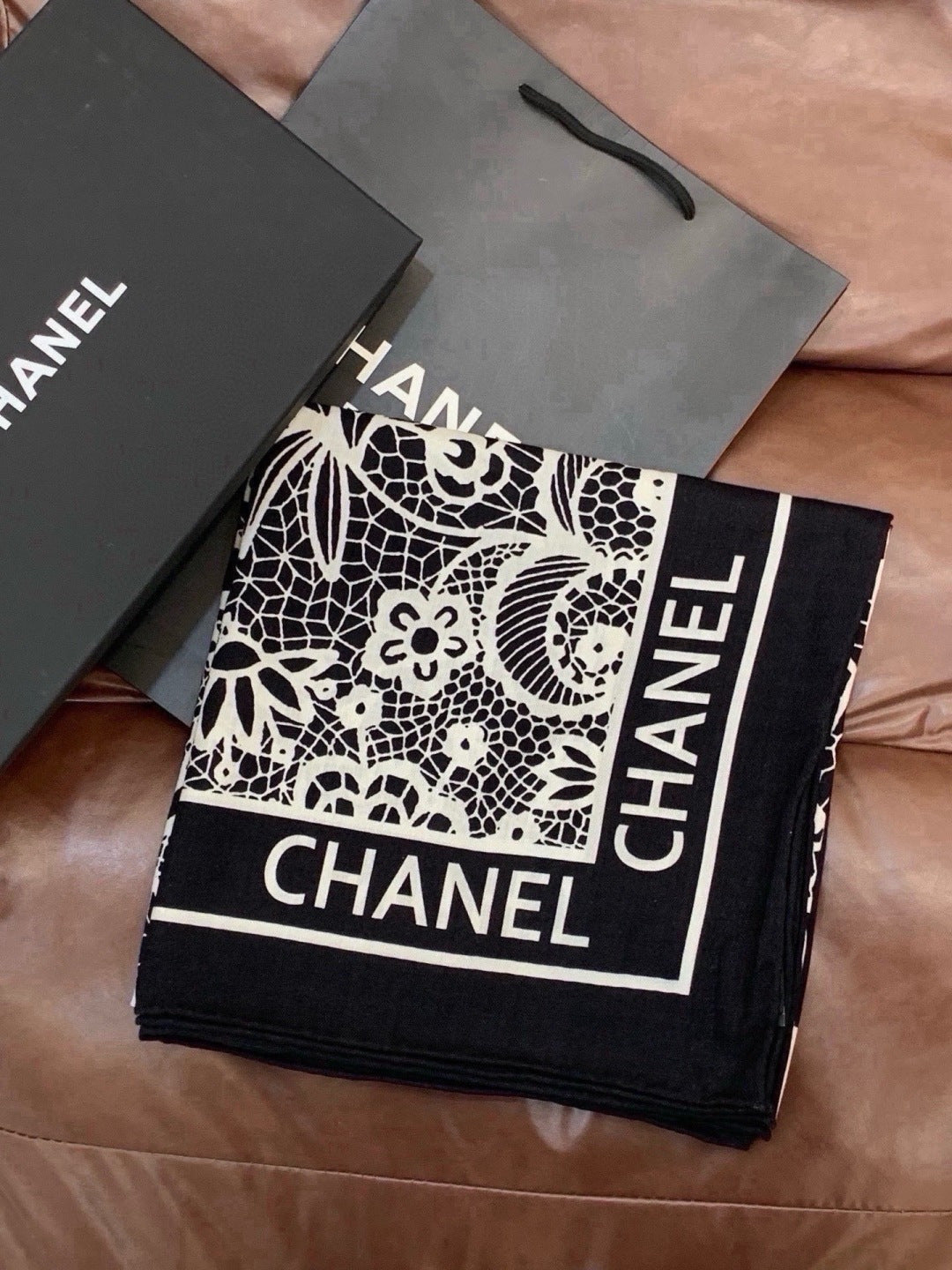 Chanel 2026 Lace Pattern Scarf 135cm Black Silk And Cashmere 213765