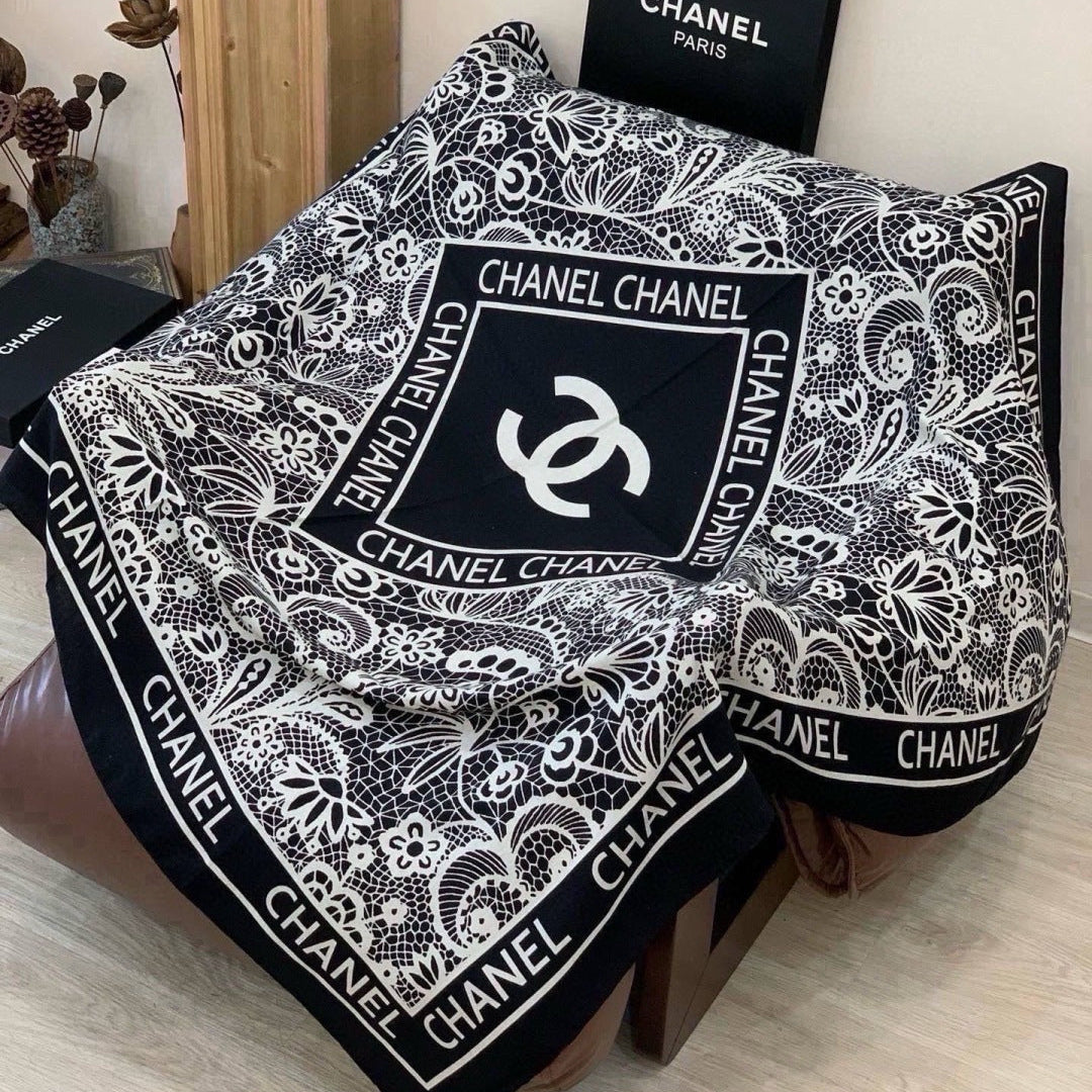 Chanel 2026 Lace Pattern Scarf 135cm Black Silk And Cashmere 213765