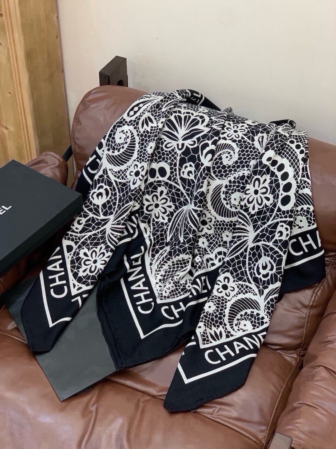 Chanel 2026 Lace Pattern Scarf 135cm Black Silk And Cashmere 213765
