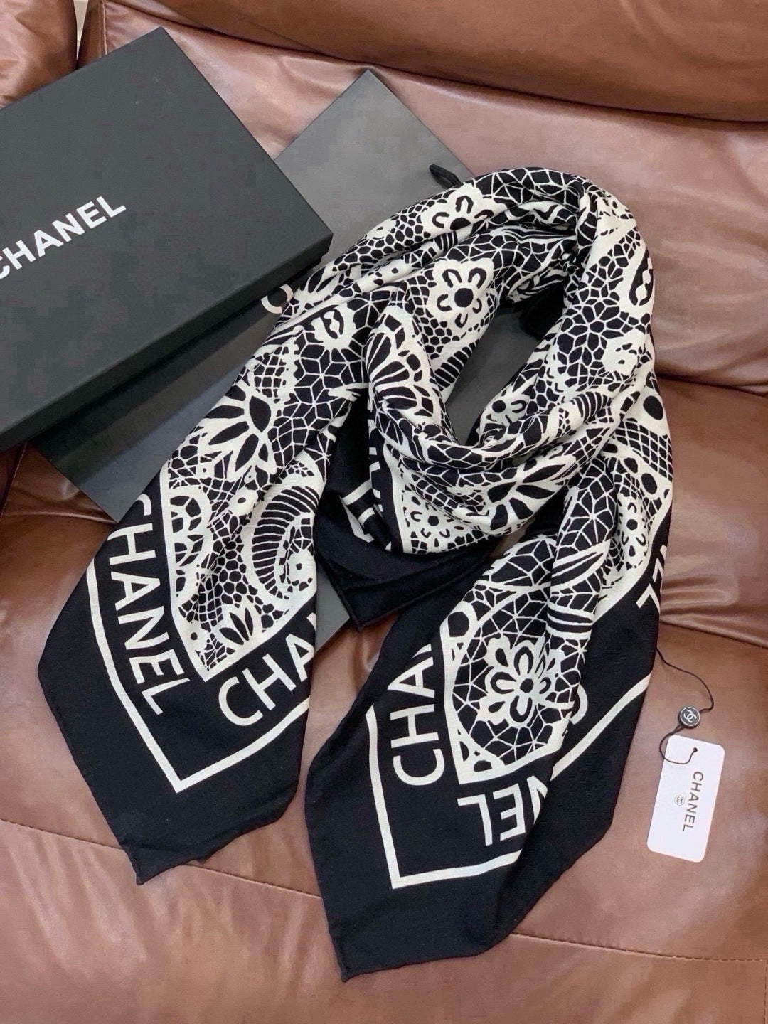 Chanel 2026 Lace Pattern Scarf 135cm Black Silk And Cashmere 213765