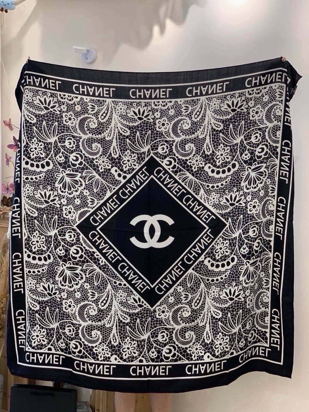 Chanel 2026 Lace Pattern Scarf 135cm Black Silk And Cashmere 213765
