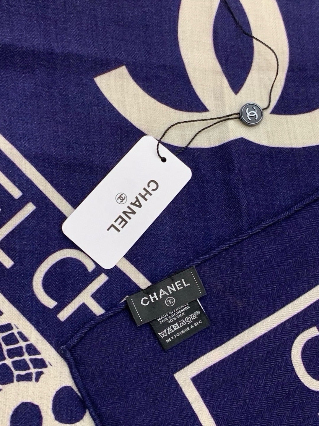 Chanel 2026 Lace Pattern Scarf 135cm Dark Blue Silk And Cashmere 213766