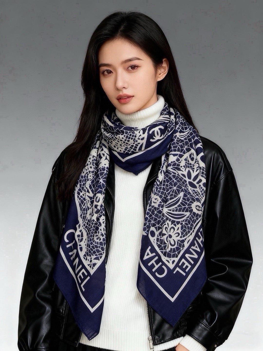 Chanel 2026 Lace Pattern Scarf 135cm Dark Blue Silk And Cashmere 213766