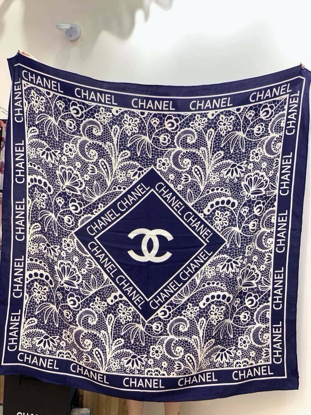 Chanel 2026 Lace Pattern Scarf 135cm Dark Blue Silk And Cashmere 213766