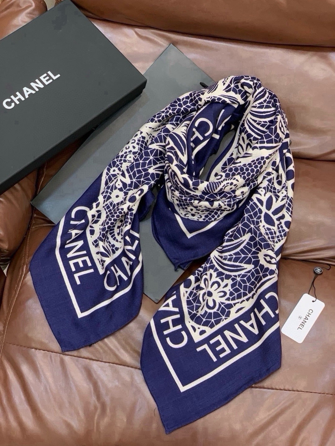 Chanel 2026 Lace Pattern Scarf 135cm Dark Blue Silk And Cashmere 213766
