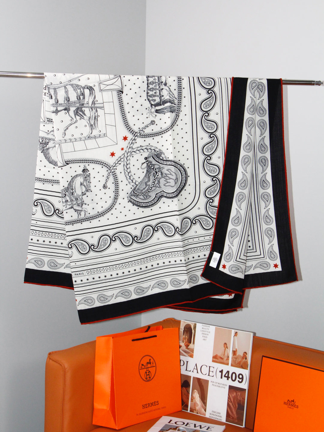 Hermès 2026 Bandana Scarf 140cm Black White Cashmere And Silk 218152