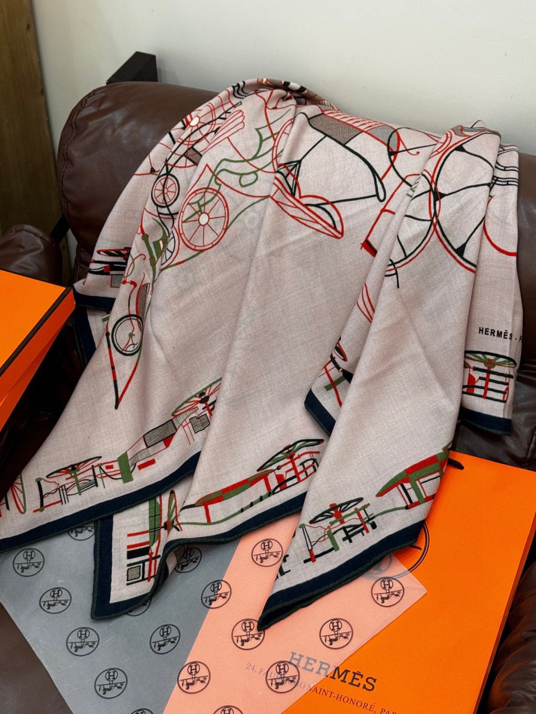 Hermès 2026 Complication Equestre Scarf 140cm Kaki Silk and Cashmere 218147