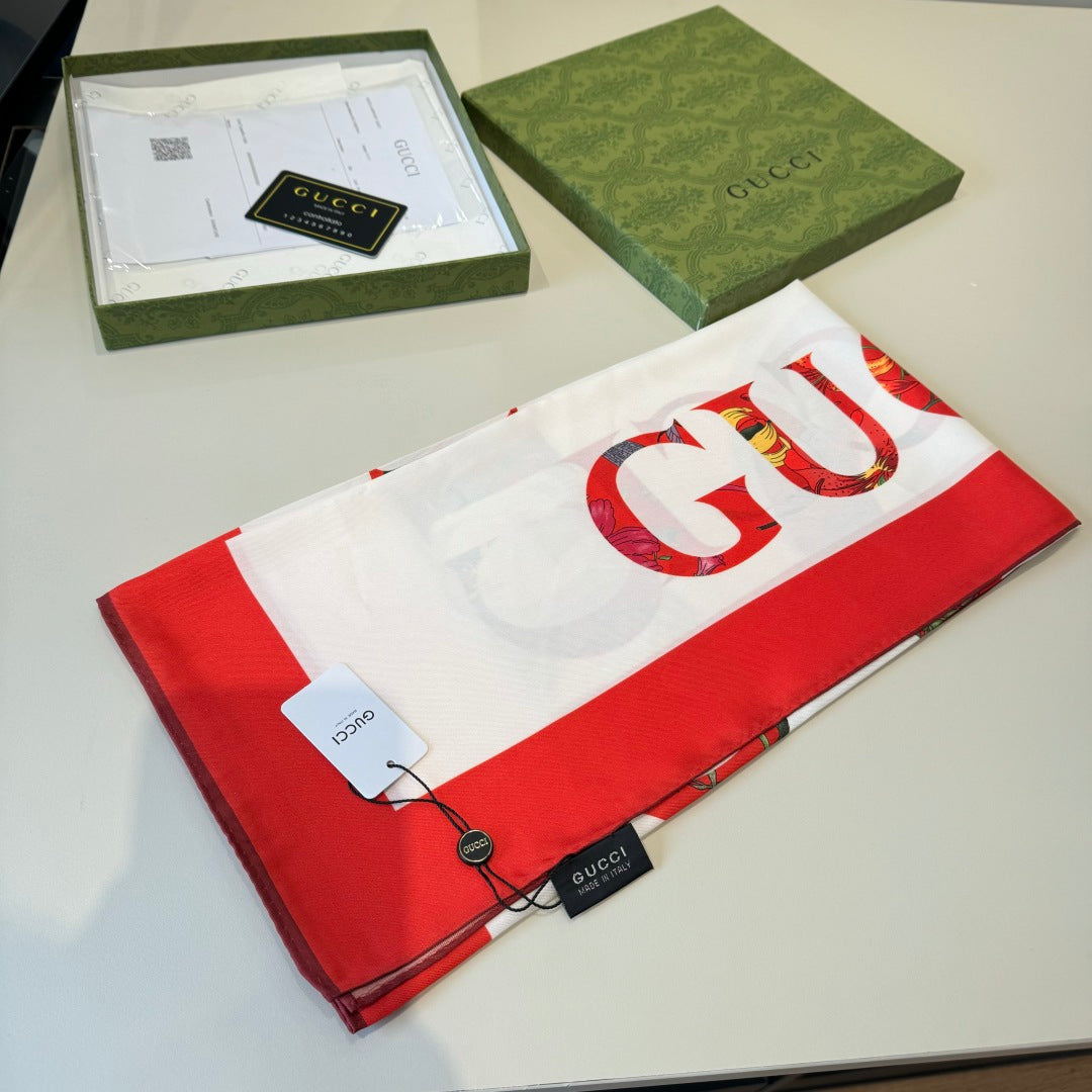 GG Signature Floral Scarf 90CM  White Red Twill Silk 280694