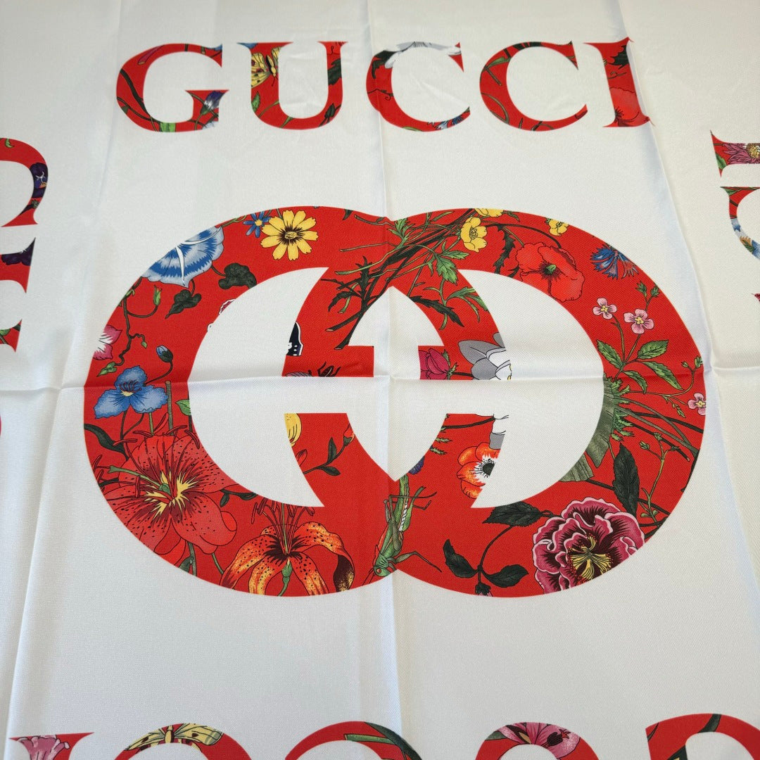 GG Signature Floral Scarf 90CM  White Red Twill Silk 280694