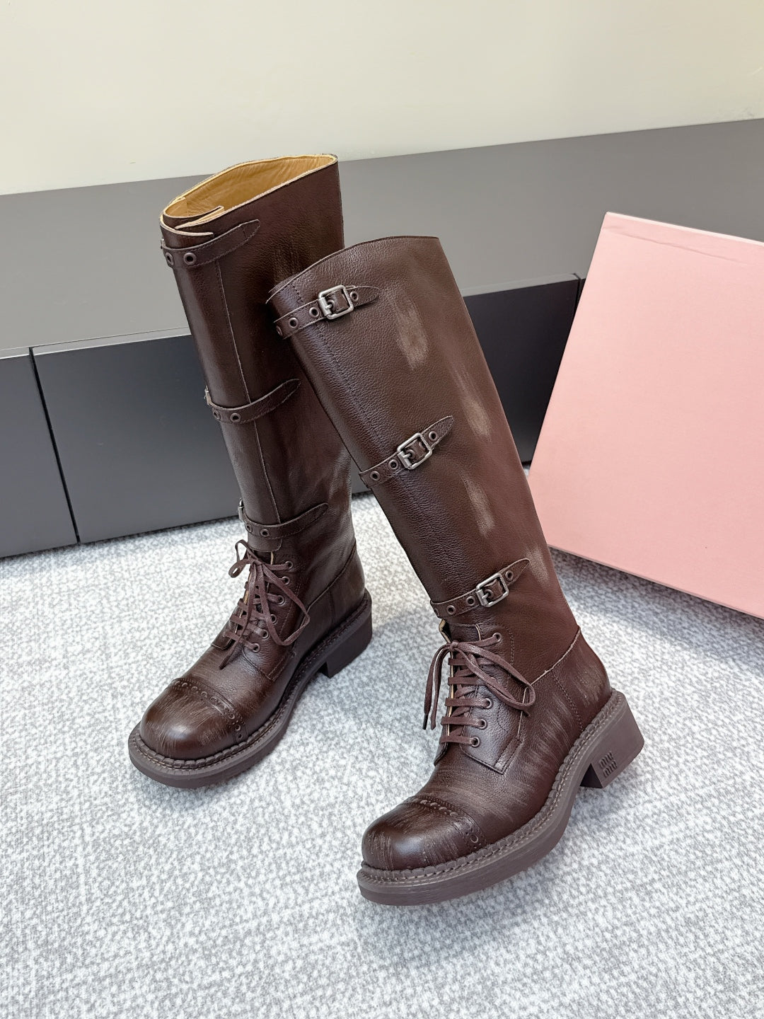 MIU MIU Cowboy High Boots Dark Brown Sheepskin 461844