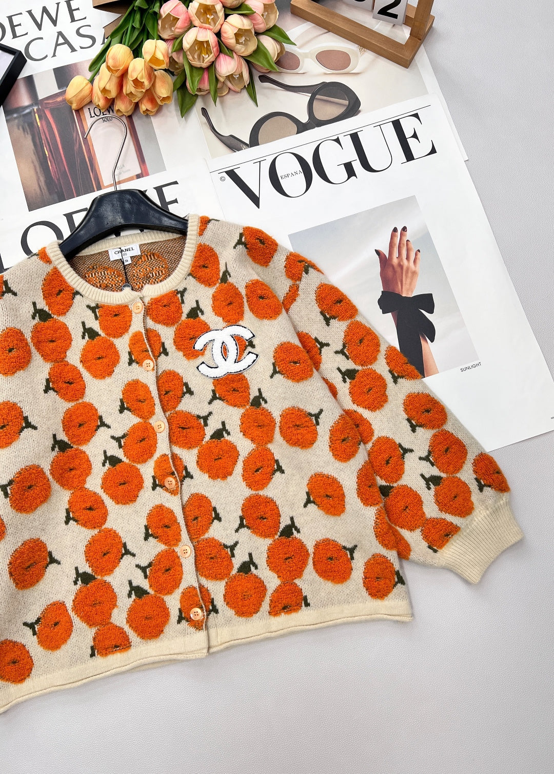CC 26 Floral Pattern Cardigan Orange Beige Wool Cashmere 785282