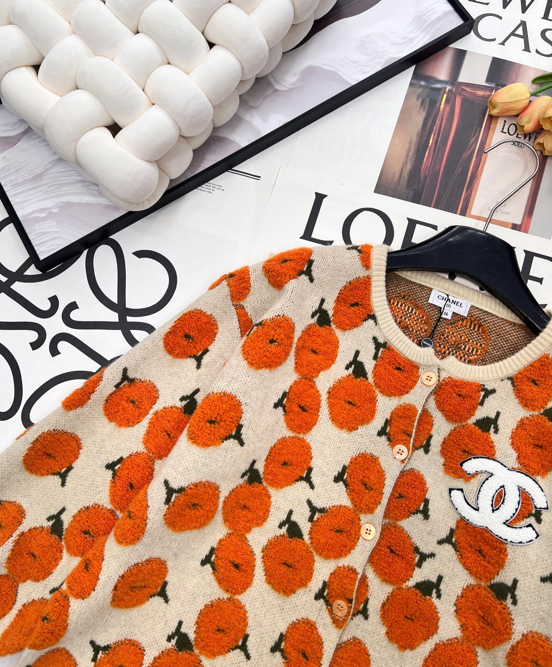 CC 26 Floral Pattern Cardigan Orange Beige Wool Cashmere 785282