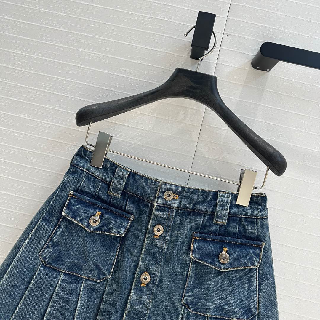 Miu Miu Denim Pleated Short Skirt Blue Cotton