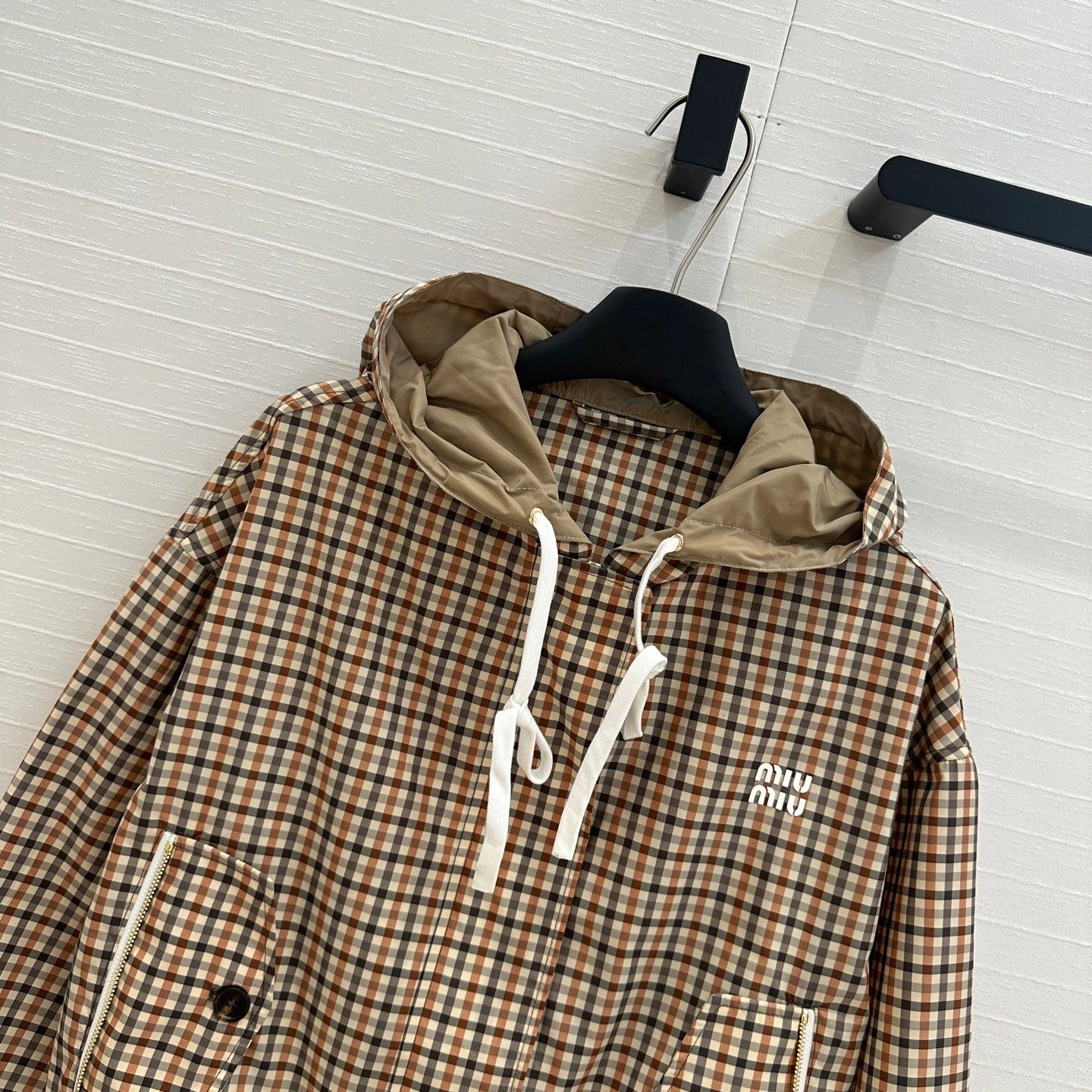 Miu Miu Pattern Hooded Jacket Beige Brown Polyester