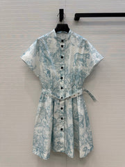 CD 25 Sauvage Jouy Print Button Dress Light Blue mix White Cotton