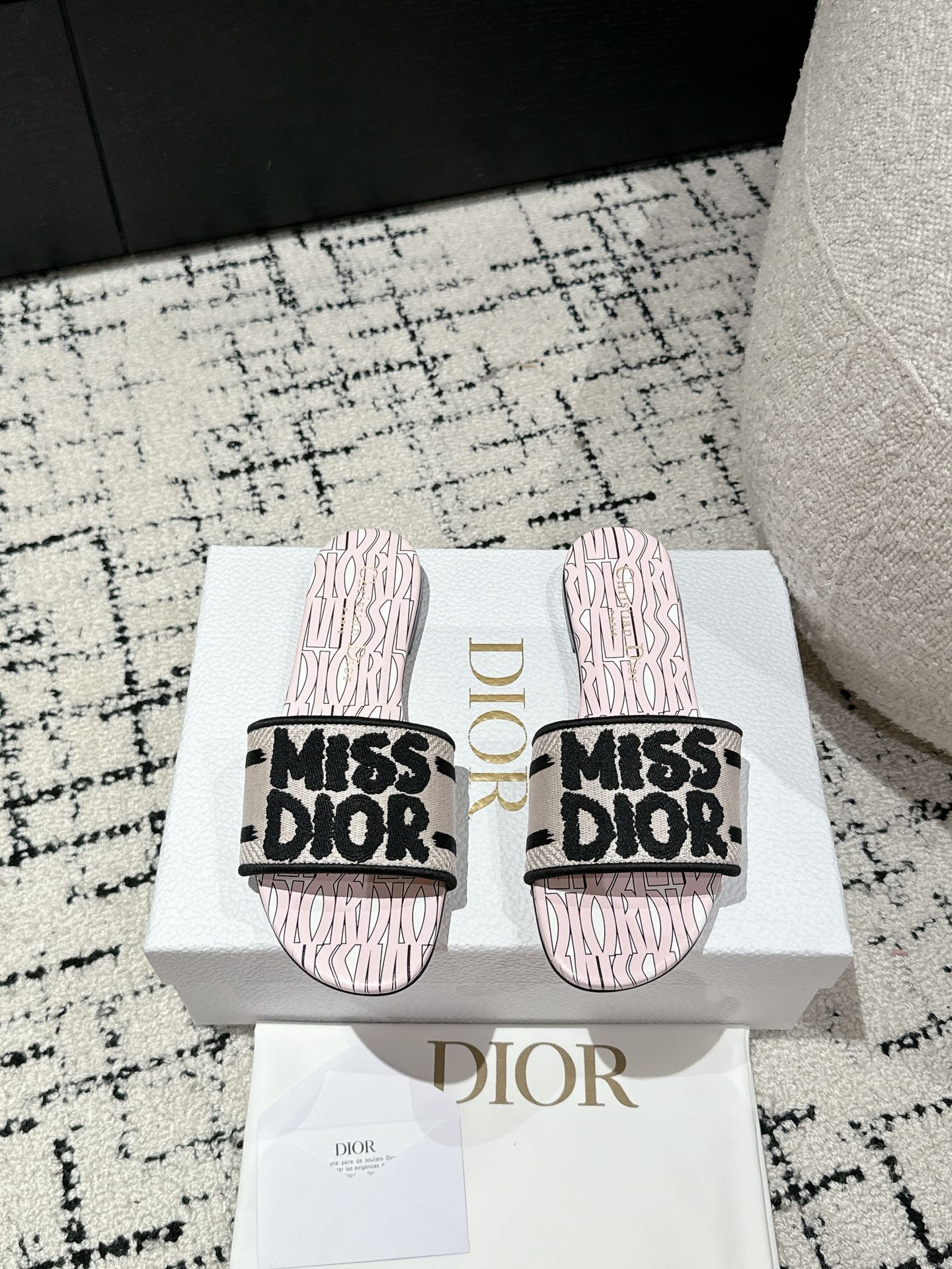 CD Dway Slide Pink Mix Black Embroidered Cotton
