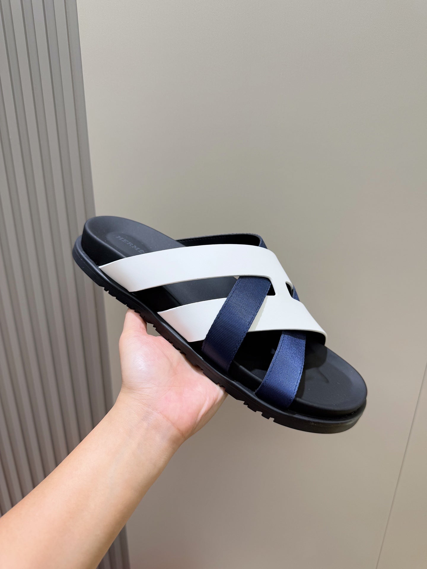 HM Men's Kazimir Slide Navy Blue White Calfskin 562773