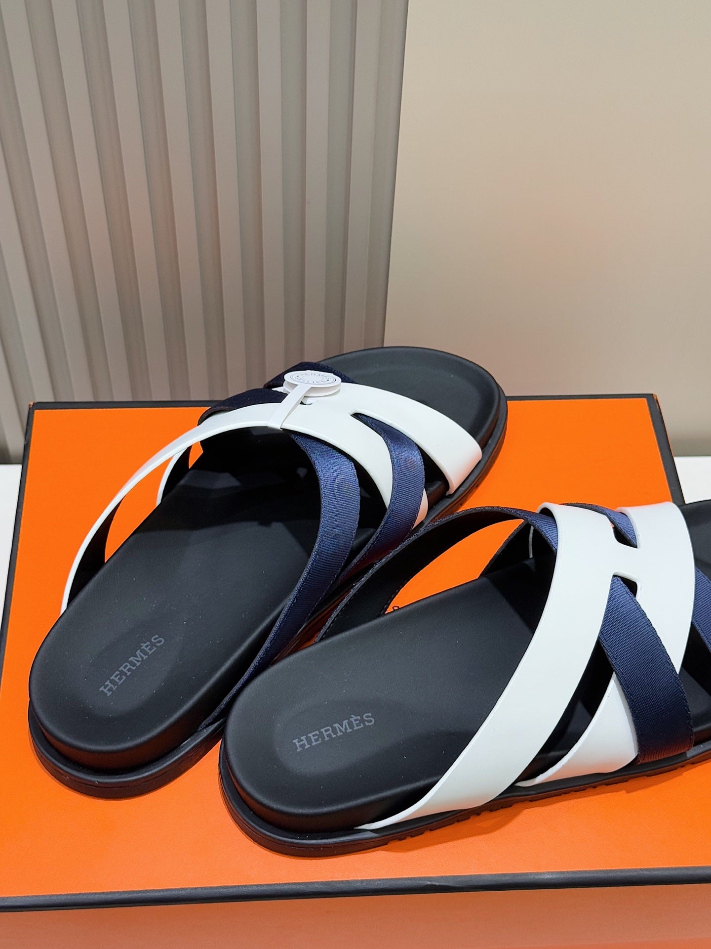 HM Men's Kazimir Slide Navy Blue White Calfskin 562773