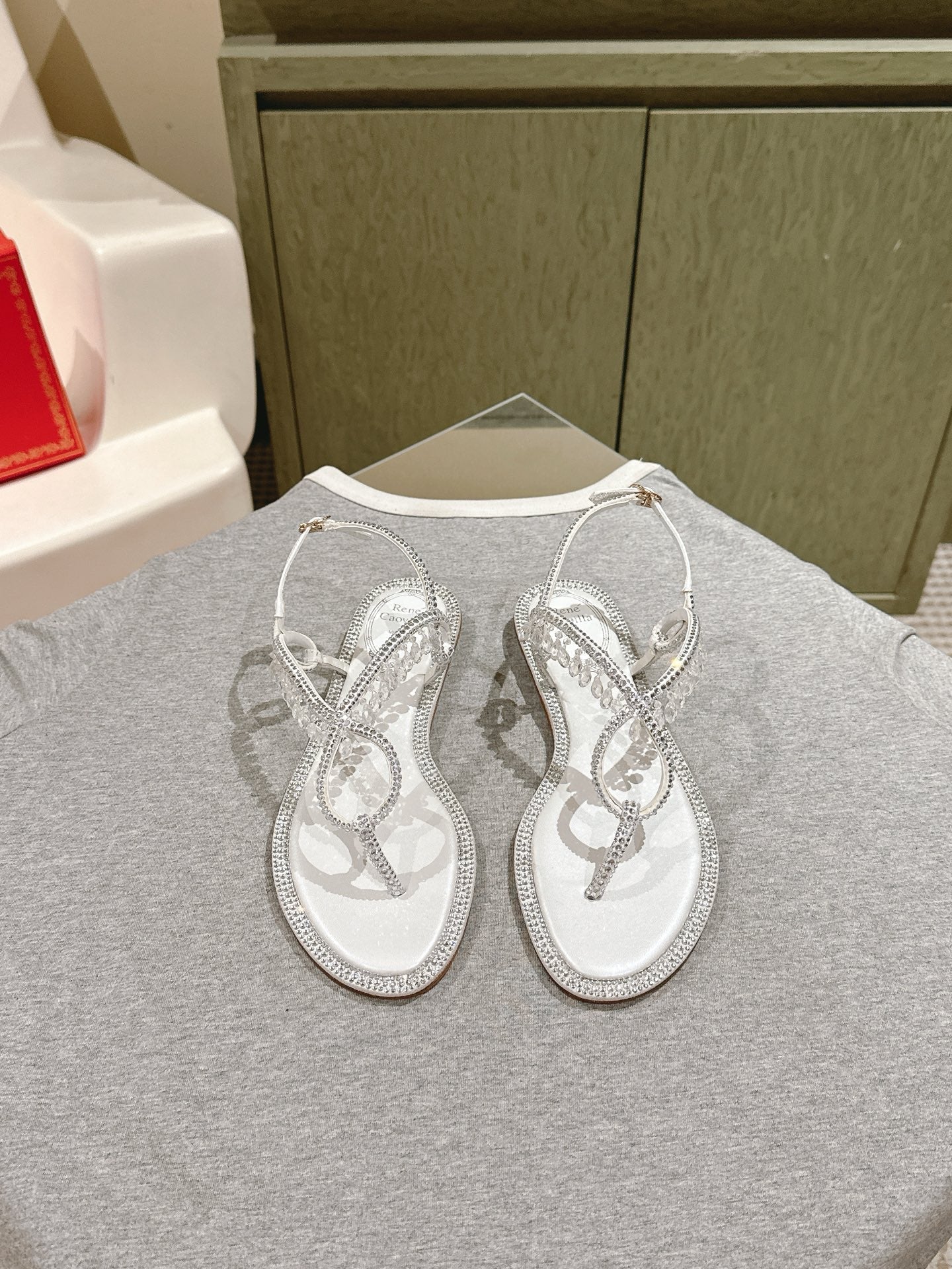 RC 25 Thong Diamond Flat Sole White Silk Rhinestones 268068