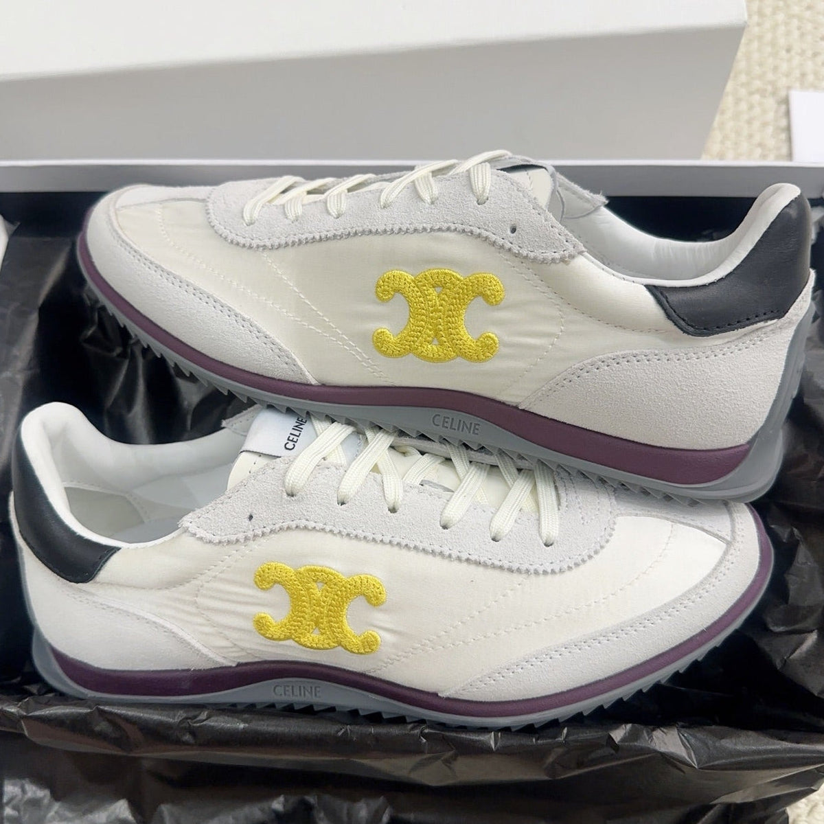 Celine 2026 Racer Sneakers Gray White Suede Fabric 103346