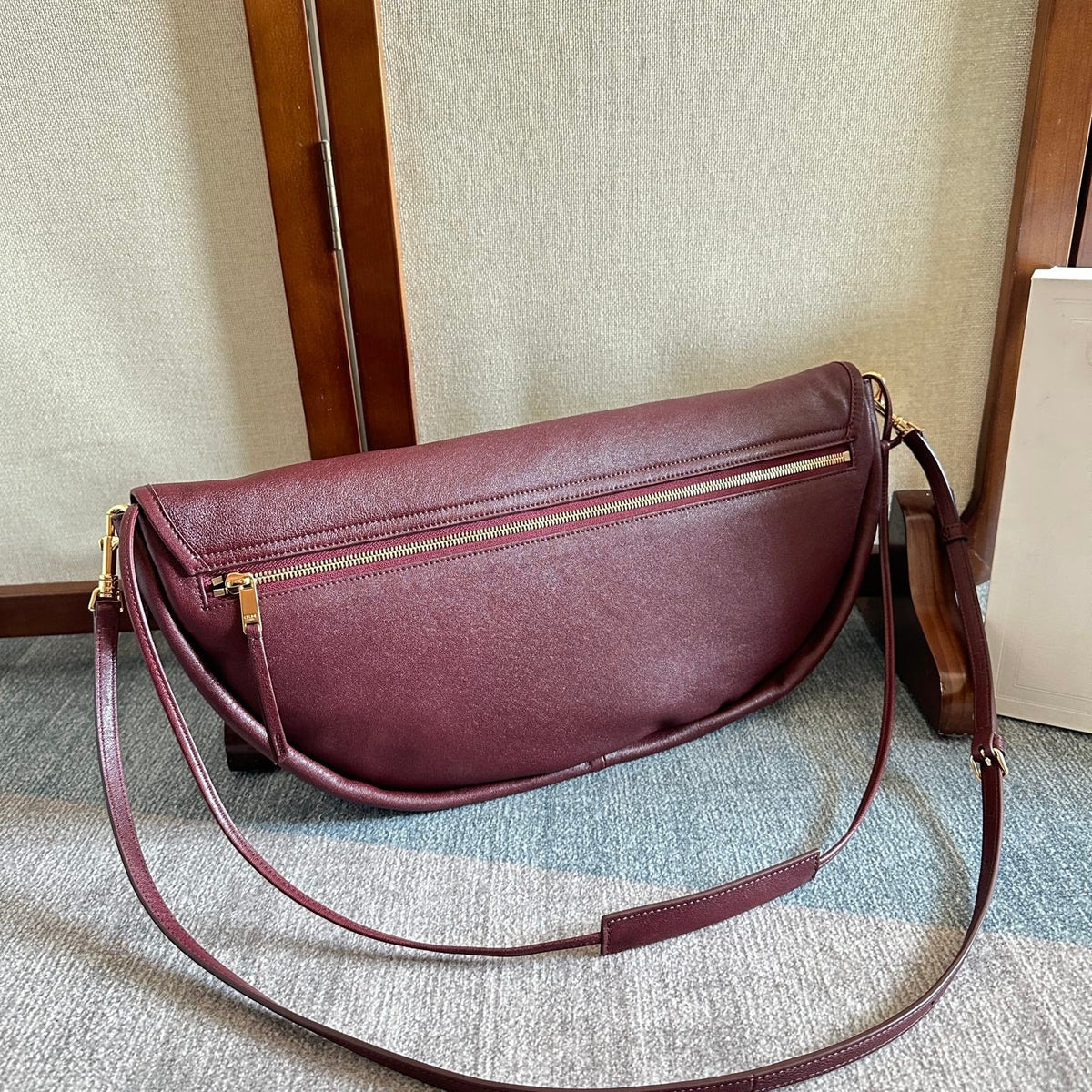 Celine 2025 Halfmoon Soft Triomphe Bag Burgundy Shiny Lambskin