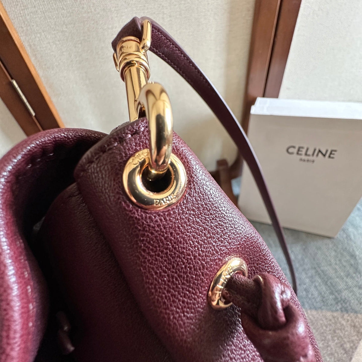 Celine 2025 Halfmoon Soft Triomphe Bag Burgundy Shiny Lambskin