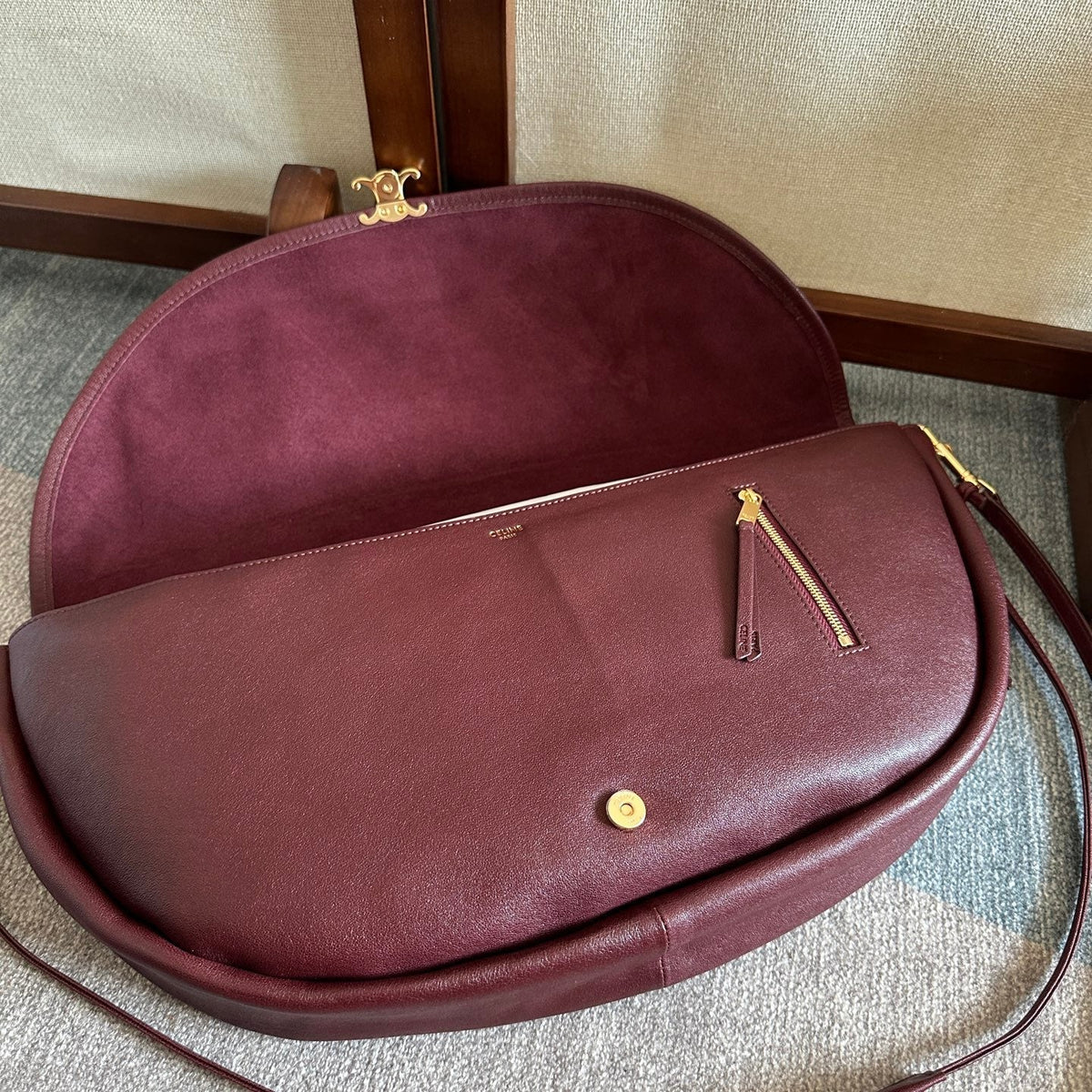 Celine 2025 Halfmoon Soft Triomphe Bag Burgundy Shiny Lambskin