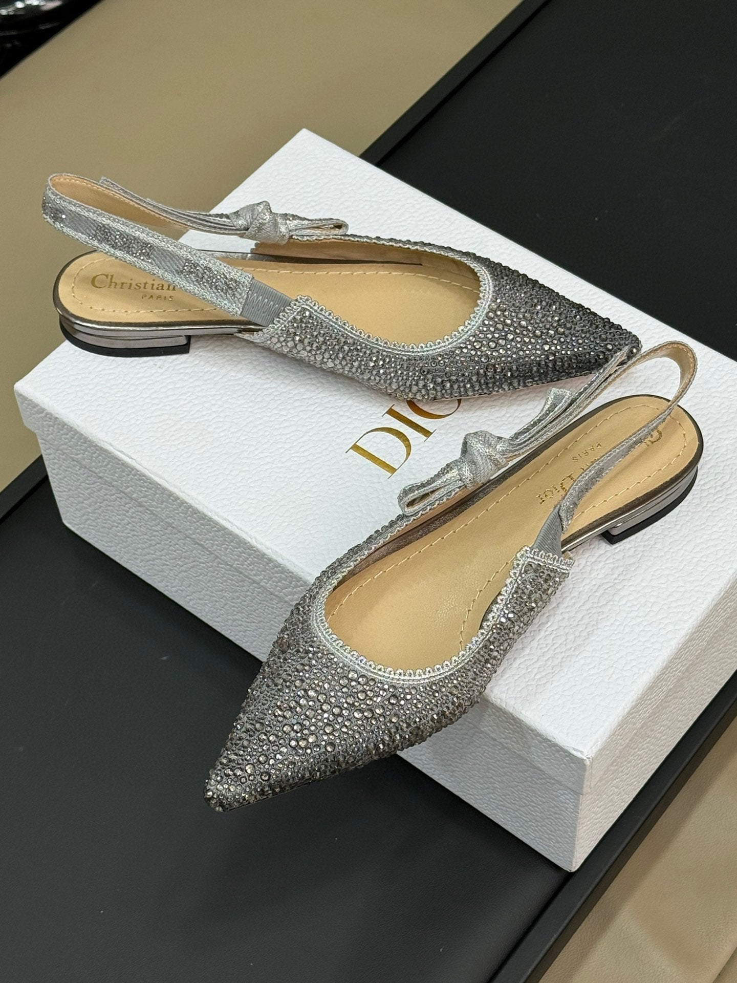 J'Adior Slingback Black Silver-tone Cotton Microbeads