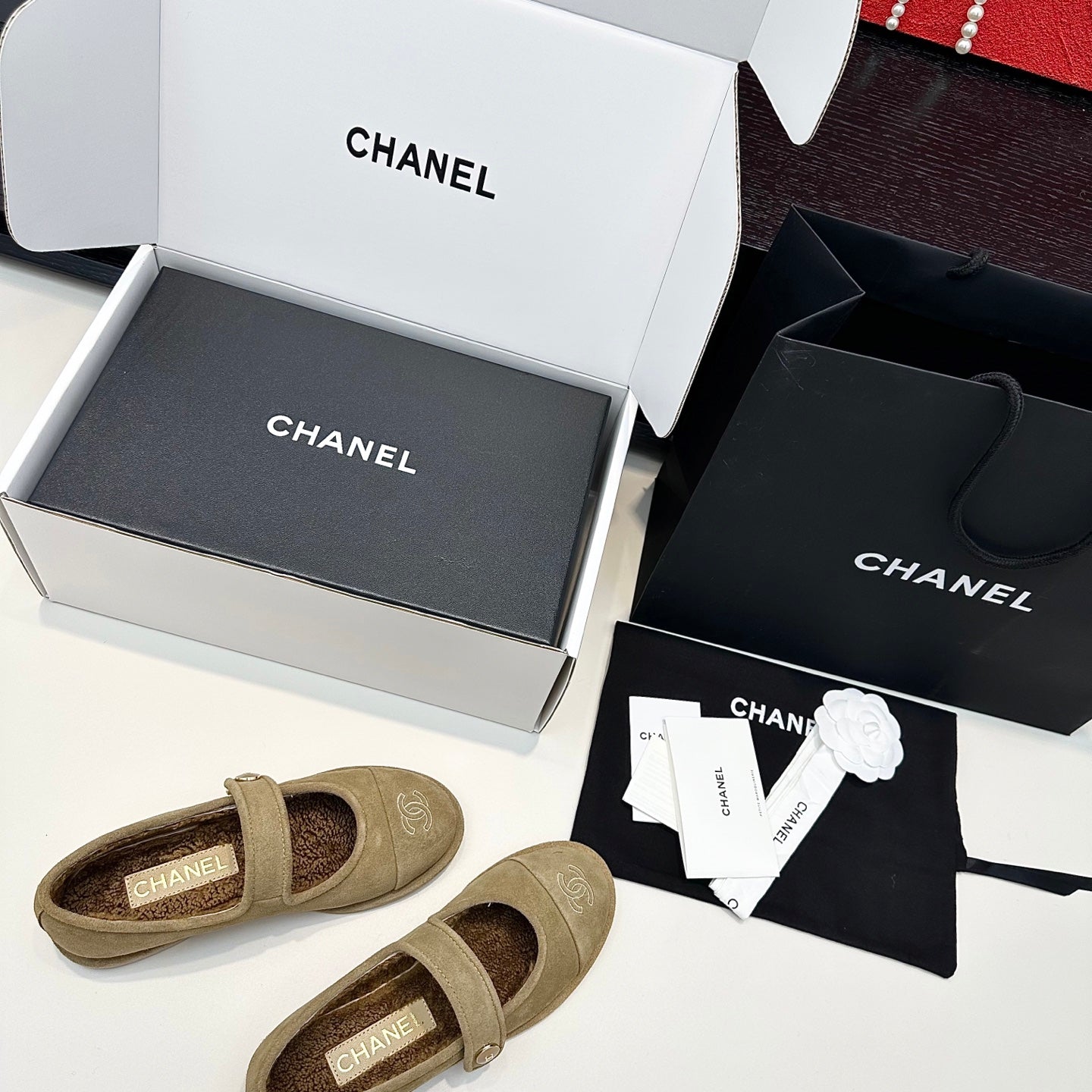 Chanel 25 Mary Jane Ballet Flat Solf Beige Wool Fur 413025