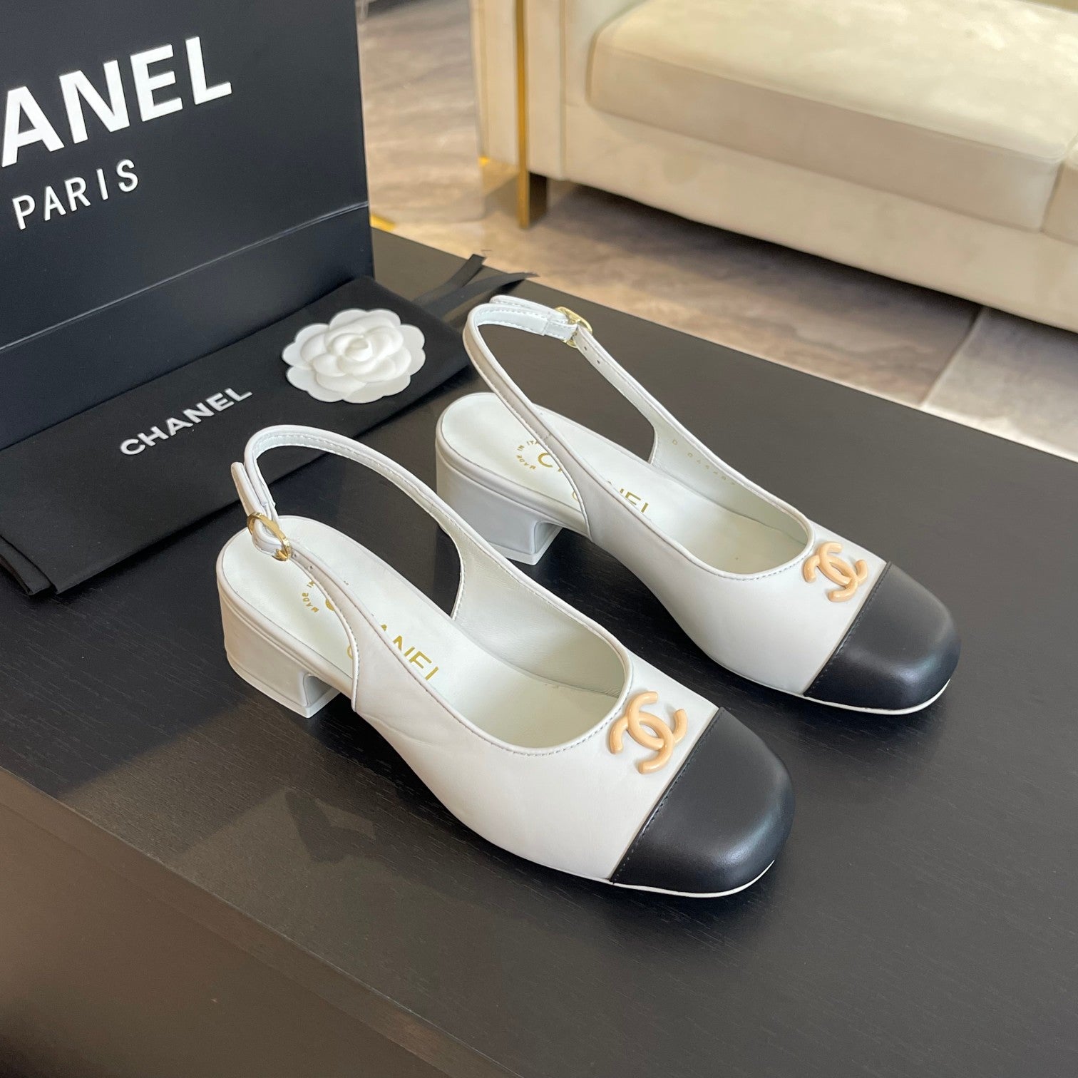 cc slingback 50 white black calfskin