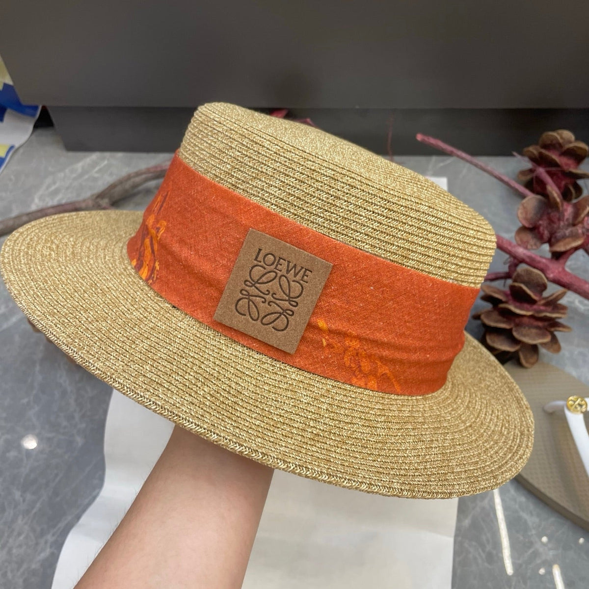 Loewe Floral Ribbon Band Straw Hat 216016
