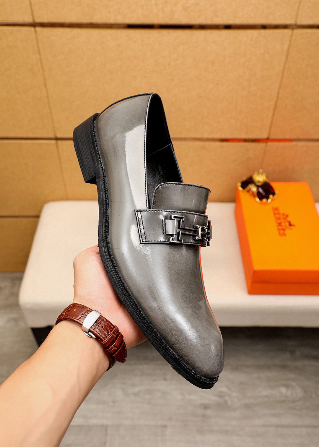 HM Men's Loafers Grey Patent Leather 679793
