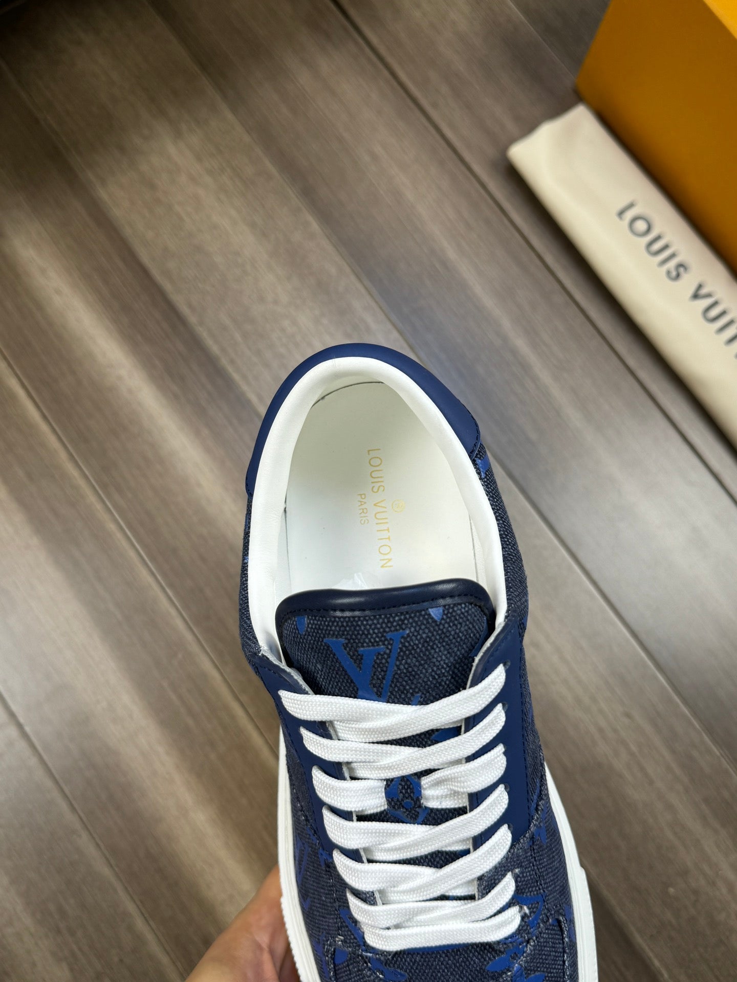 LV TRAINER SNEAKER IN BLACK MIX COBALT BLUE DENIM