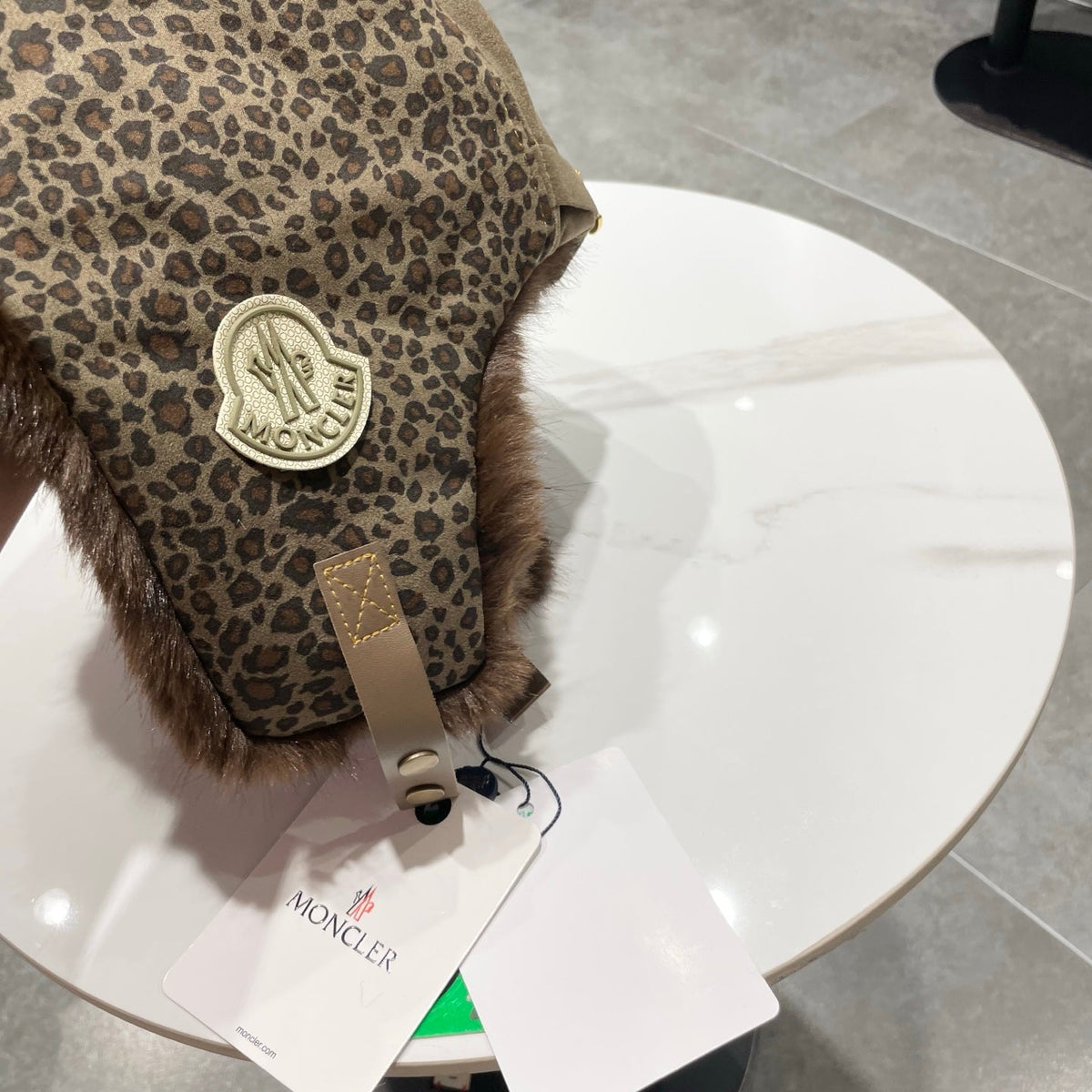 Moncler Suede Fur Leopard-Print Bomber Hat 497705