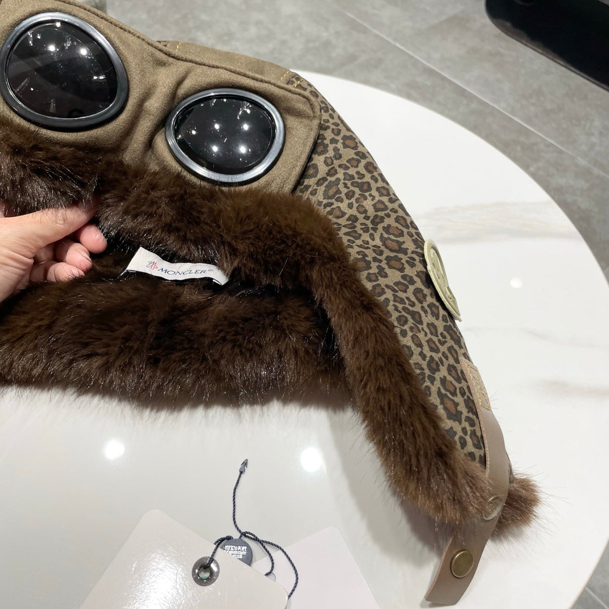 Moncler Suede Fur Leopard-Print Bomber Hat 497705
