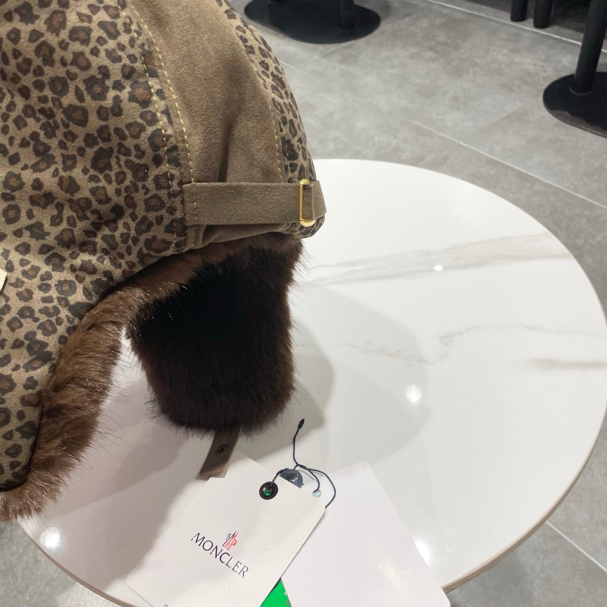 Moncler Suede Fur Leopard-Print Bomber Hat 497705