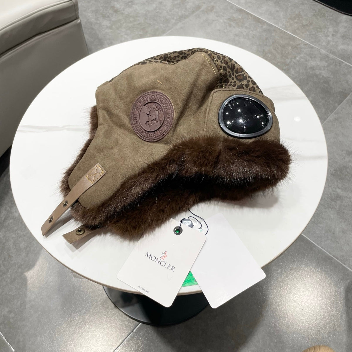Moncler Suede Fur Leopard-Print Bomber Hat 497705